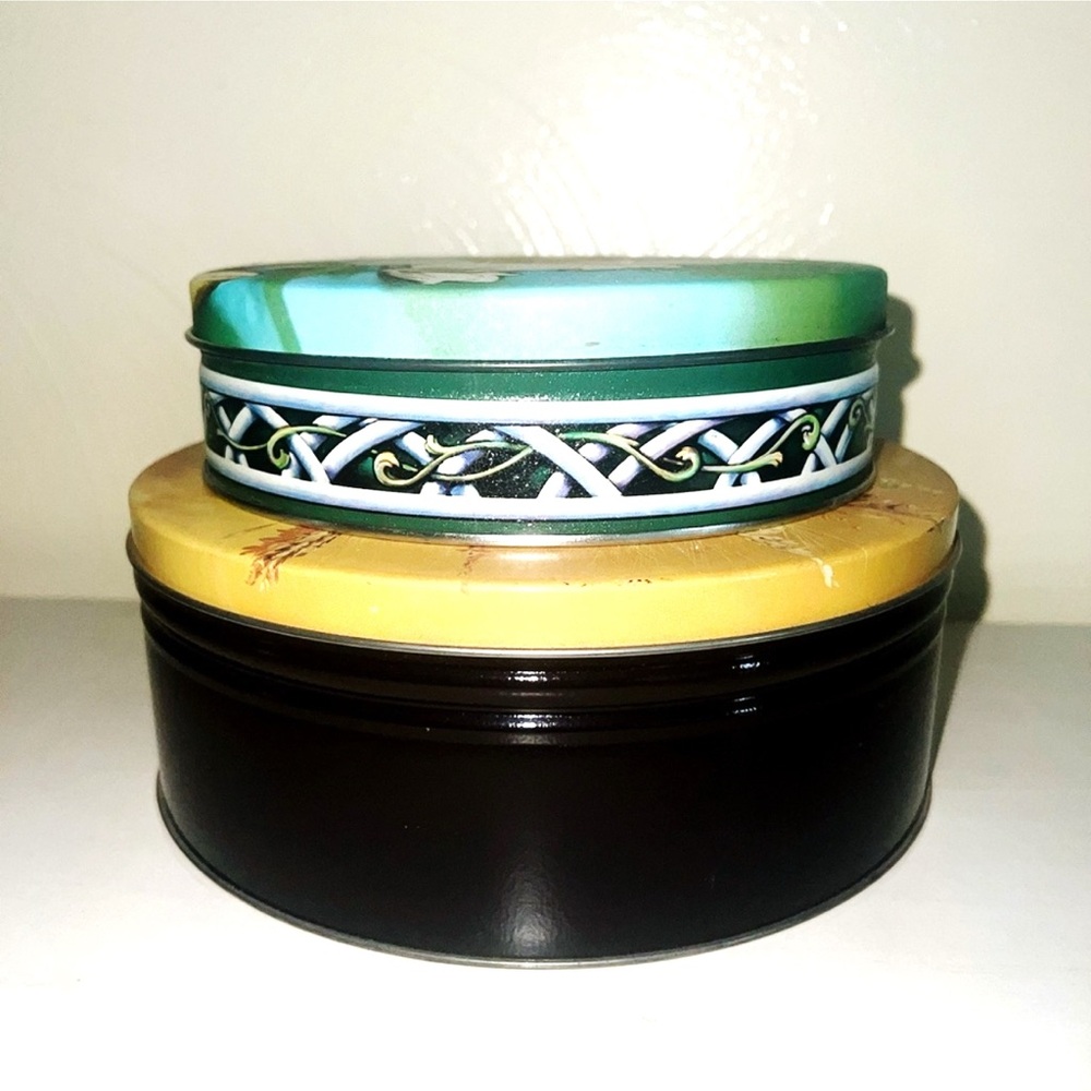 Vintage Inspired Set of Two Decorative Round Tins - Teal, Yellow, Black 0029